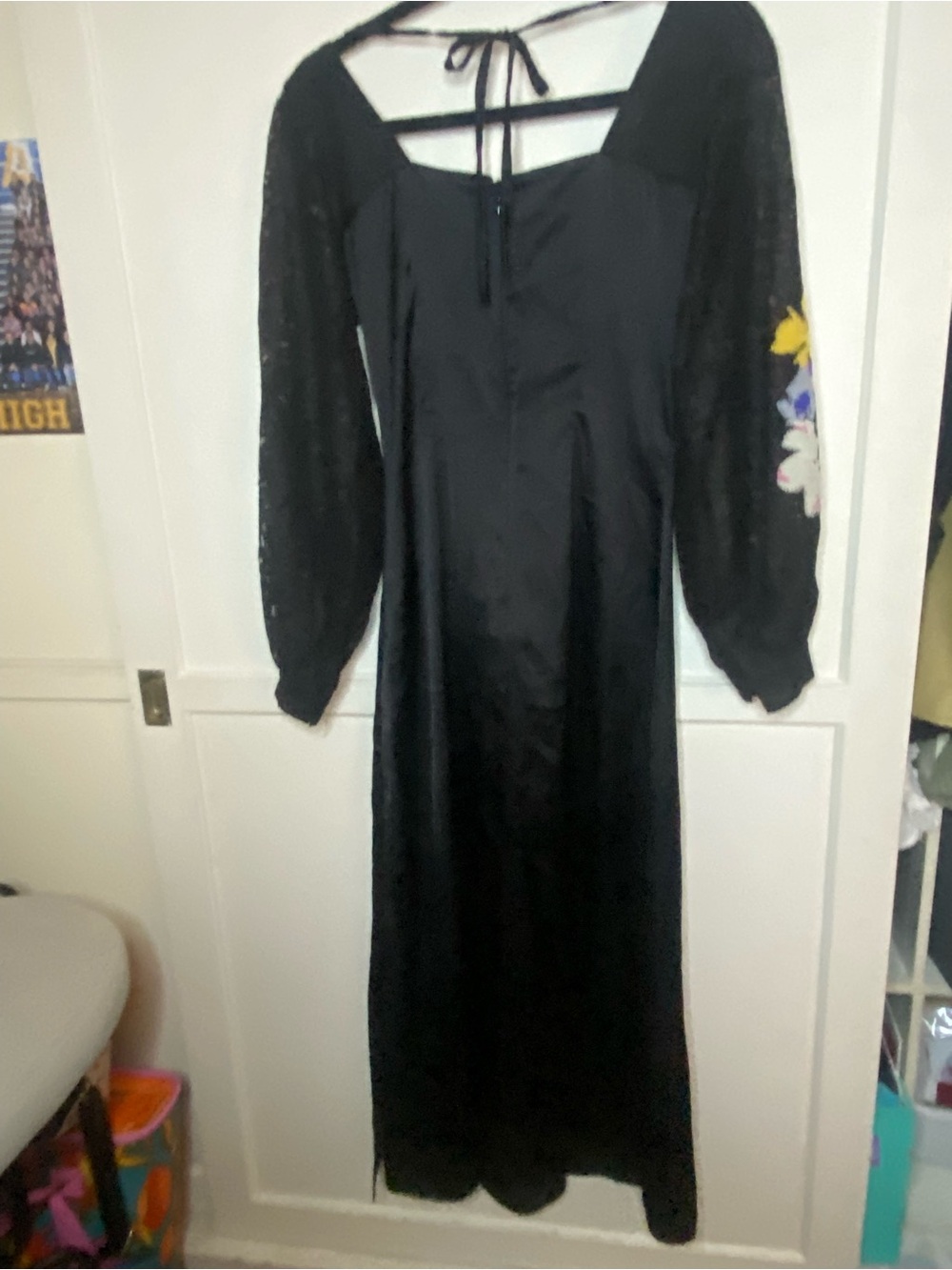 Topshop Black Satin Dress with Lace Floral Sleeves - Picture 7 of 7